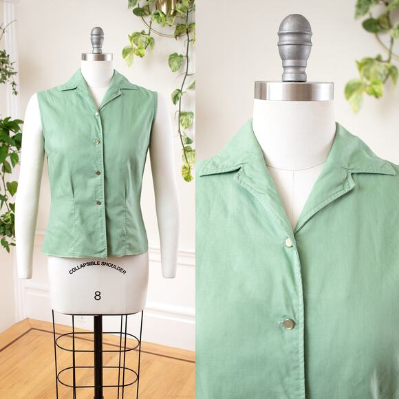 Vintage 1950s Blouse 50s Sage Green Cotton Sleeveless Button Up Top - Picture 1 of 6